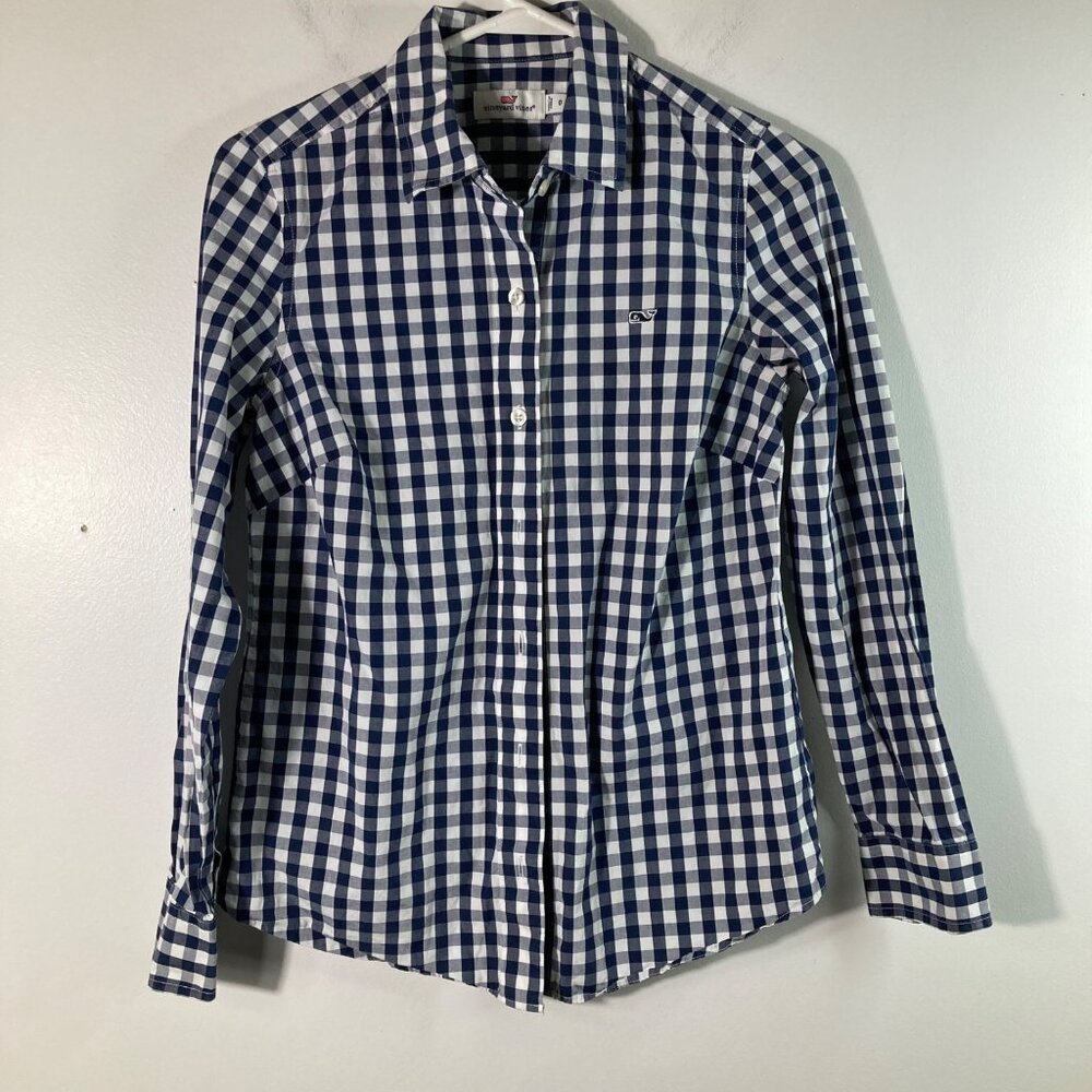 Womens Vineyard Vines Gingham Button Shirt Navy Blue White Size O
